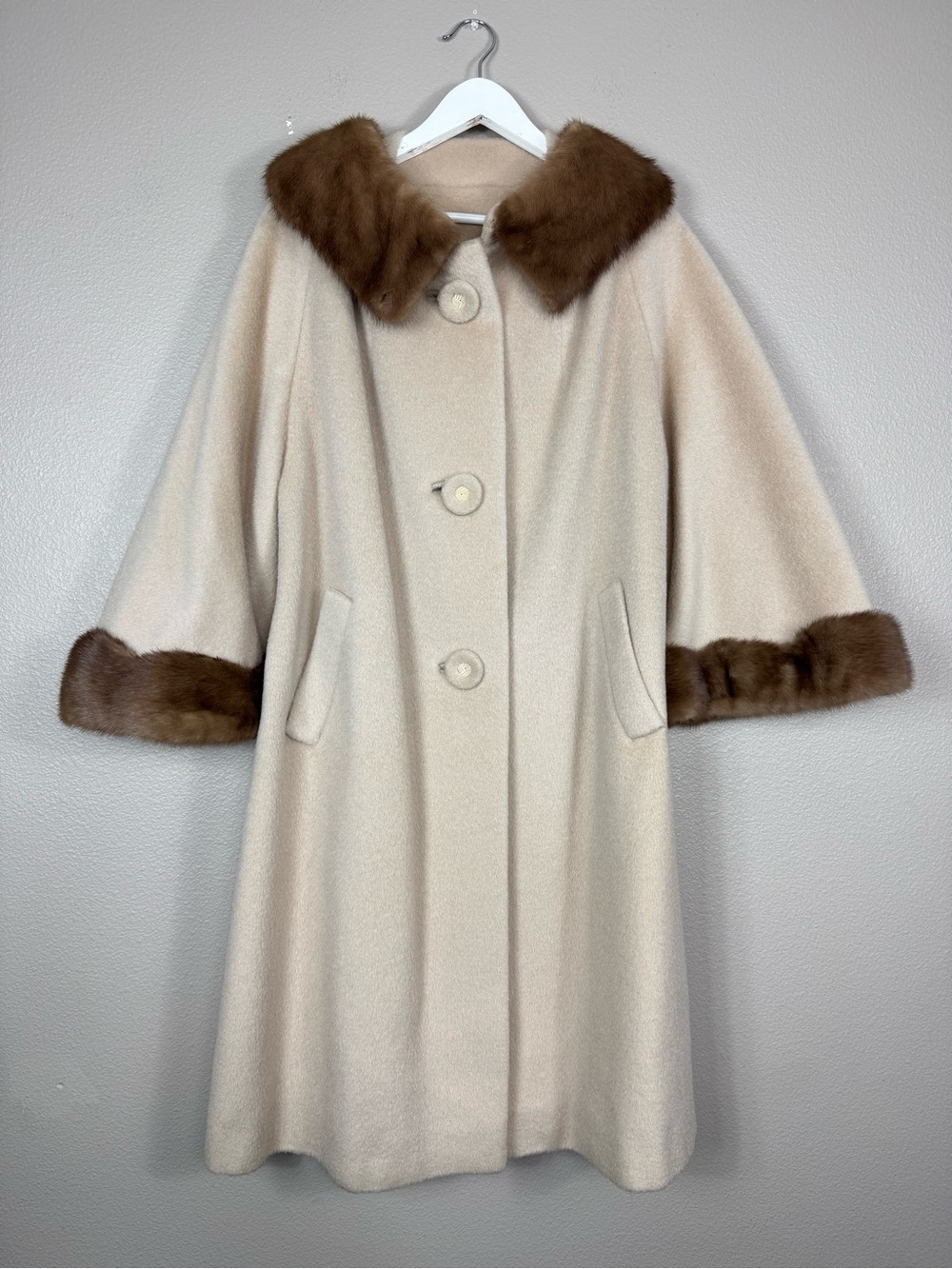 Forstmann tan Wool Penny Lane Coat Real Mink Fur Trim - Picture 2 of 16